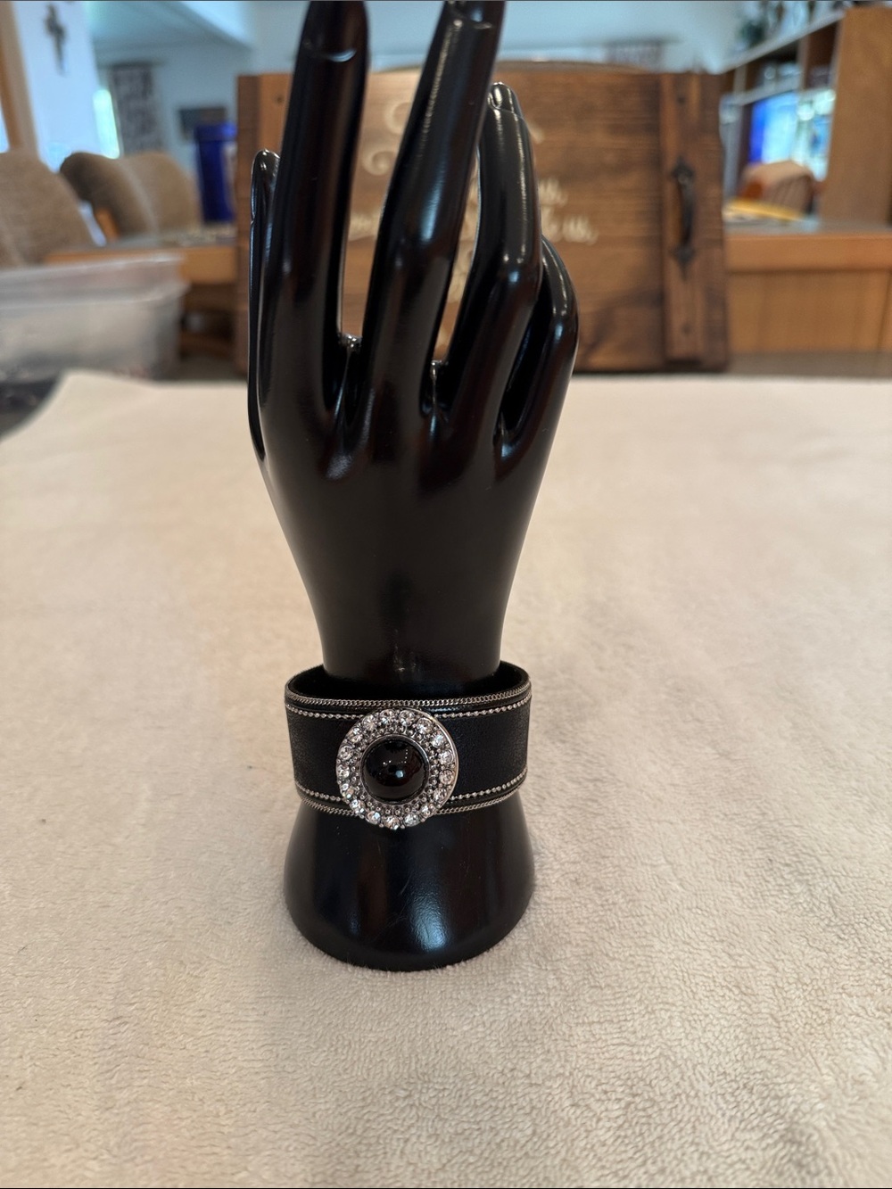 Black Leather Cuff Bracelet with Crystal Accent and Strong Magnetic Closure
